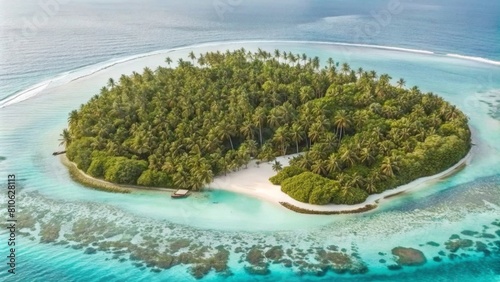 An aerial view of an island in the Maldives, with white sandy beaches and turquoise waters. 