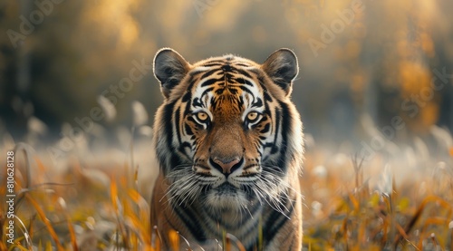 Tiger walking through tall grass field