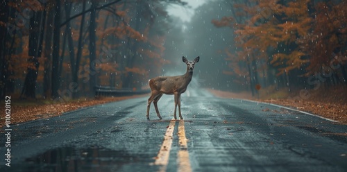 Deer crossing road in forest photo