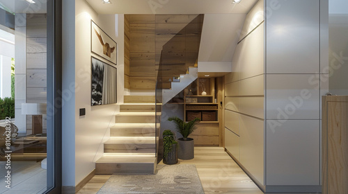 Compact entrance hall in a modern American home with a narrow staircase and efficient space use.