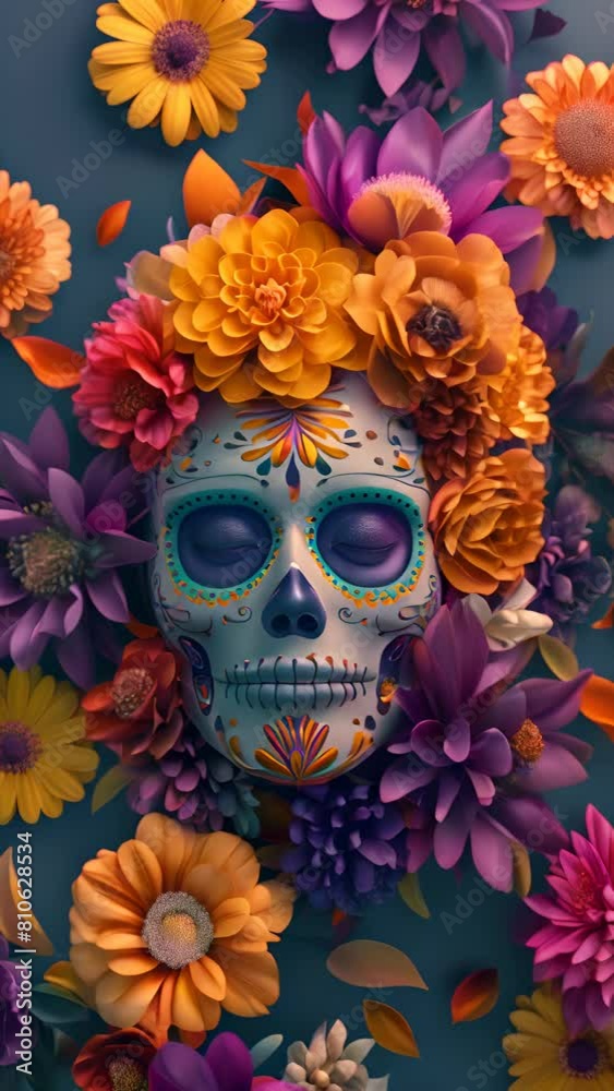 A colorful flower arrangement with a skull in the center. The skull is decorated with flowers and has a peaceful expression. Vertical video A colorful flower arrangement with a skull in the center. The skull is decorated with flowers and has a peaceful expression. Vertical video