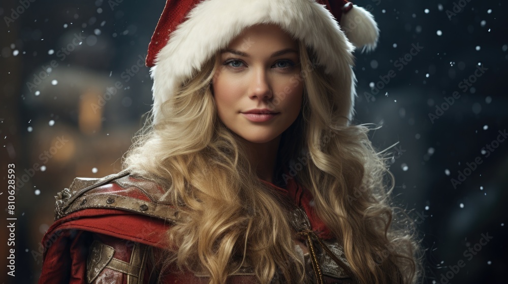Woman in santa hat standing in snow Woman in santa hat standing in snow