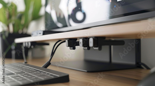 magnetic cable organizer clip attached to the edge of a desk, holding charging cables neatly in place and preventing tangling, offering a practical and space-saving solution for cable management.