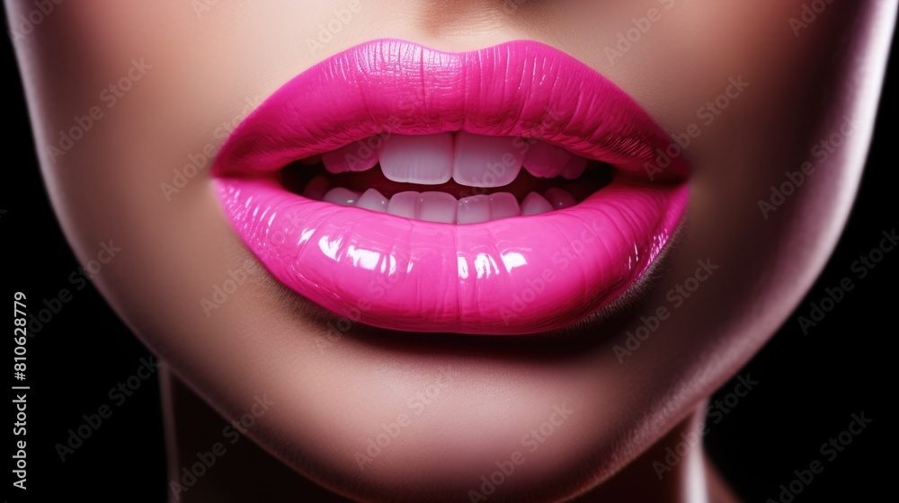 Close up of womans face with bright pink lipstick Close up of womans face with bright pink lipstick