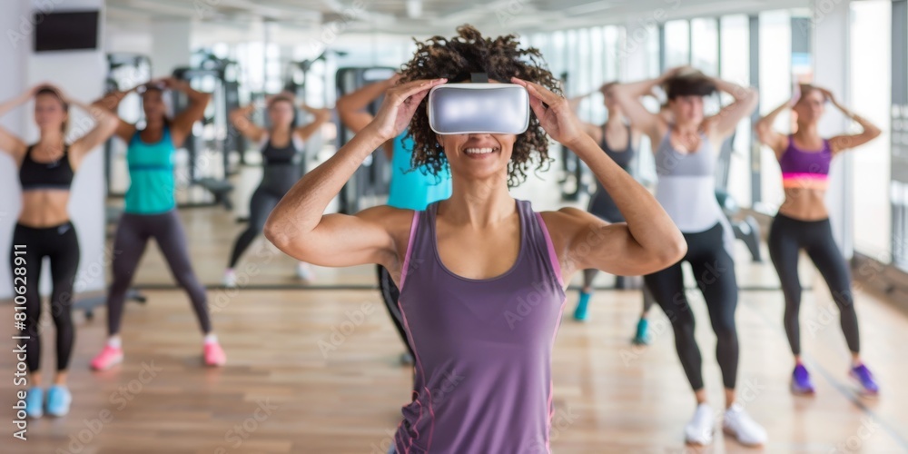 Three Athletic Women Engage in a Dynamic Treadmill Workout Using VR Headsets, Experiencing an Immersive Running Session in a Modern Gym, Showcasing the Fusion of Health and High-Tech, Generative AI Three Athletic Women Engage in a Dynamic Treadmill Workout Using VR Headsets, Experiencing an Immersive Running Session in a Modern Gym, Showcasing the Fusion of Health and High-Tech, Generative AI