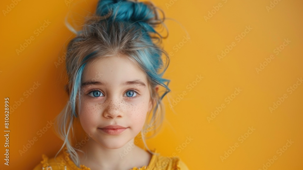 Young girl with blue hair in yellow shirt