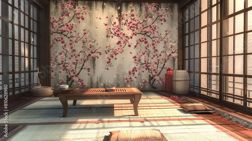 Tranquil tea room with cherry blossom design, tatami mats, and a classic wooden low table.