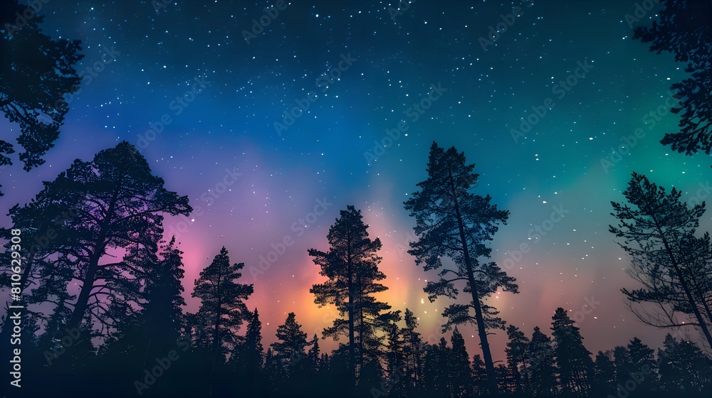 A starry sky is shown above a forest of tall trees A starry sky is shown above a forest of tall trees