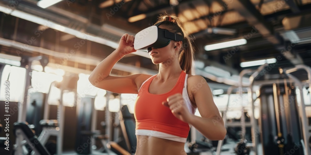Three Athletic Women Engage in a Dynamic Treadmill Workout Using VR Headsets, Experiencing an Immersive Running Session in a Modern Gym, Showcasing the Fusion of Health and High-Tech, Generative AI Three Athletic Women Engage in a Dynamic Treadmill Workout Using VR Headsets, Experiencing an Immersive Running Session in a Modern Gym, Showcasing the Fusion of Health and High-Tech, Generative AI