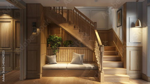 Cozy entrance hall with a wooden staircase and a built-in seating area under the stairs in a modern American home.