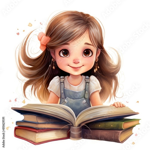 Little Girl Sitting in Front of Pile of Books