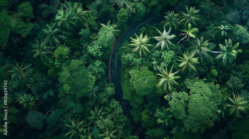 the breathtaking expanse of a healthy rainforest and the winding path of an asphalt road the breathtaking expanse of a healthy rainforest and the winding path of an asphalt road
