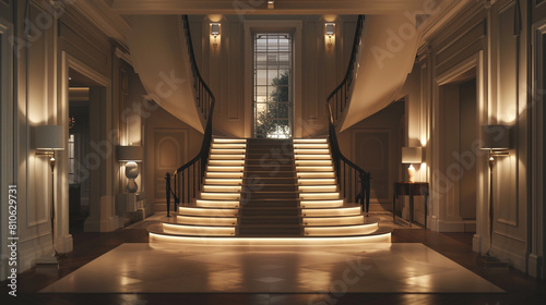 Elegant and understated entrance with a bespoke staircase and soft lighting in a refined American residence.