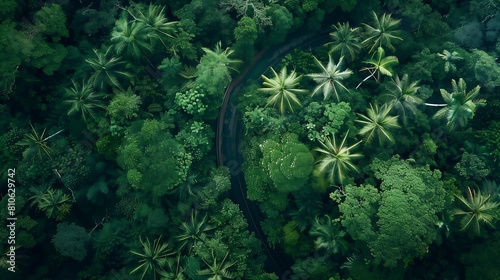 the breathtaking expanse of a healthy rainforest and the winding path of an asphalt road 