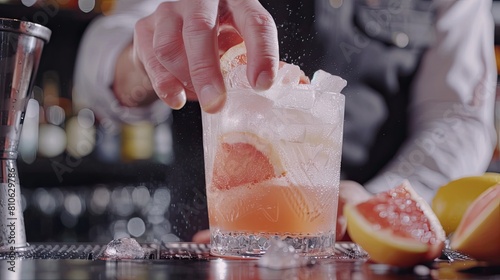 Professional barman making alcololic cocktail drink with grapefruit 