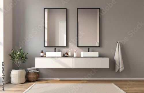 A double sink with two square mirrors hanging on the wall, front view, symmetrical composition, light gray walls, wooden floor, bathroom carpet in neutral tones