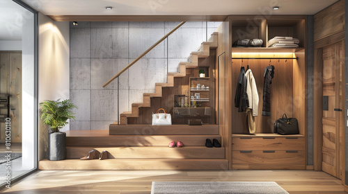 Functional and stylish entrance hall with a staircase storage solution in a compact American apartment.