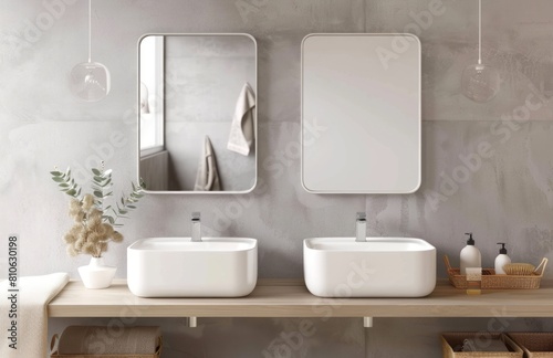 A double sink with two square mirrors hanging on the wall, front view, symmetrical composition, light gray walls, wooden floor, bathroom carpet in neutral tones