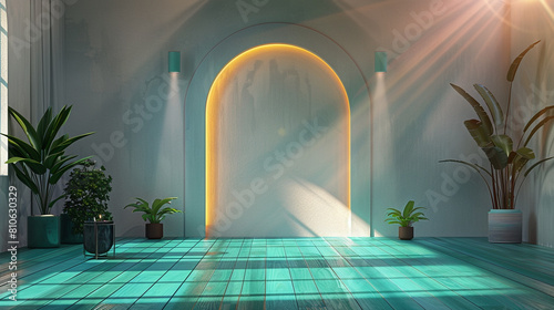 3D-rendered office space with a curved archway, teal floors, and soft afternoon sunlight.