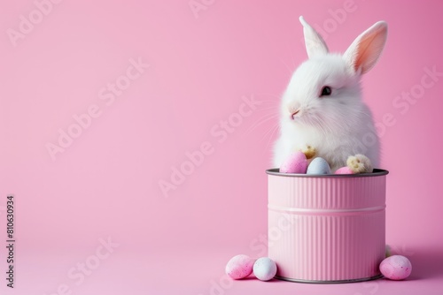 White little rabbit sitting in a pink iron bucket on a pink background with copy space for text 
