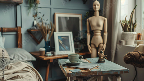 Table with frames cup of coffee and wooden mannequin 