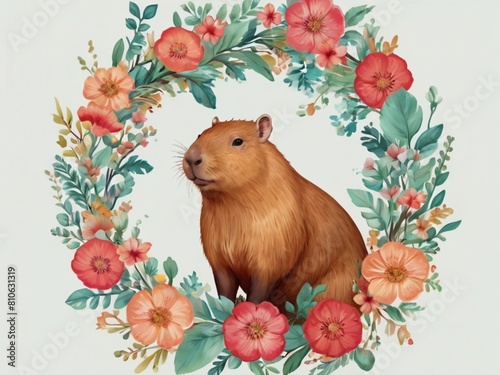 Capybara painting in floral ornament illustration
