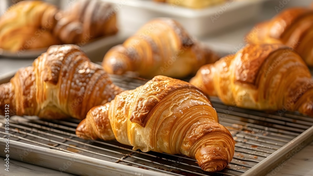Croissants on tray in window light with baking rack and baked goods. Concept Breakfast Pastries, Baking at Home, Freshly Baked Goods, Morning Light, Kitchen Display