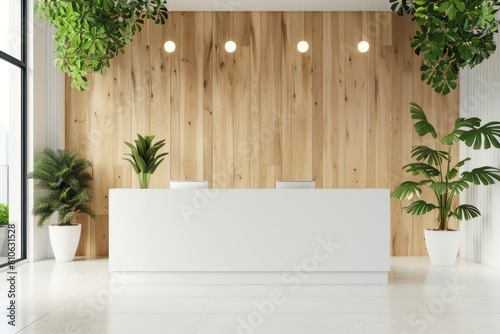 A front desk with white top and wood wall paneling in an office space, the back of one green living plant is visible on the right side