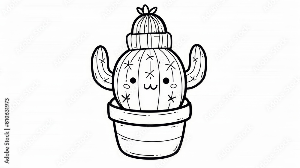 Cute Cactus Wearing a Winter Hat Black and White Coloring Page For Kids
