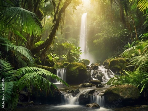 Dense jungle, tropical waterfall, illuminated by the sun's warm rays. Wet rocks, ferns, lianas, palm trees, and abundant moisture, embodying the rainforest's charm.