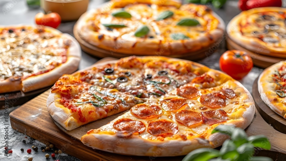Top view of assorted gourmet pizzas on wooden board showcasing a variety of Italian cuisine. Concept Top View Photography, Gourmet Pizzas, Italian Cuisine, Assorted Toppings, Wooden Board