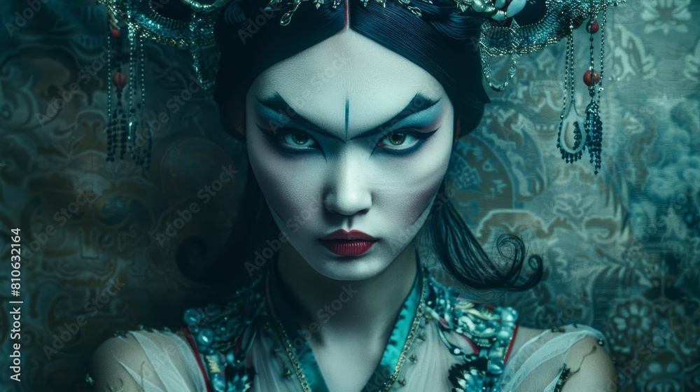 Traditional Chinese theater makeup, suitable for cultural and artistic content. Traditional Chinese theater makeup, suitable for cultural and artistic content.