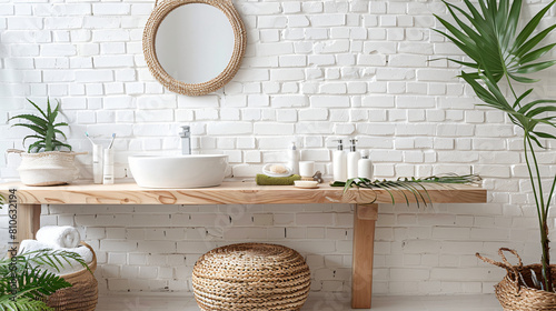 Table with sink rattan pouf and cosmetic products near photo
