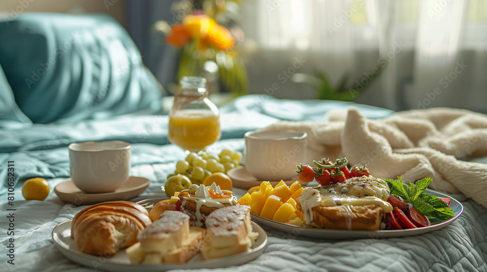Table with tasty breakfast on bed