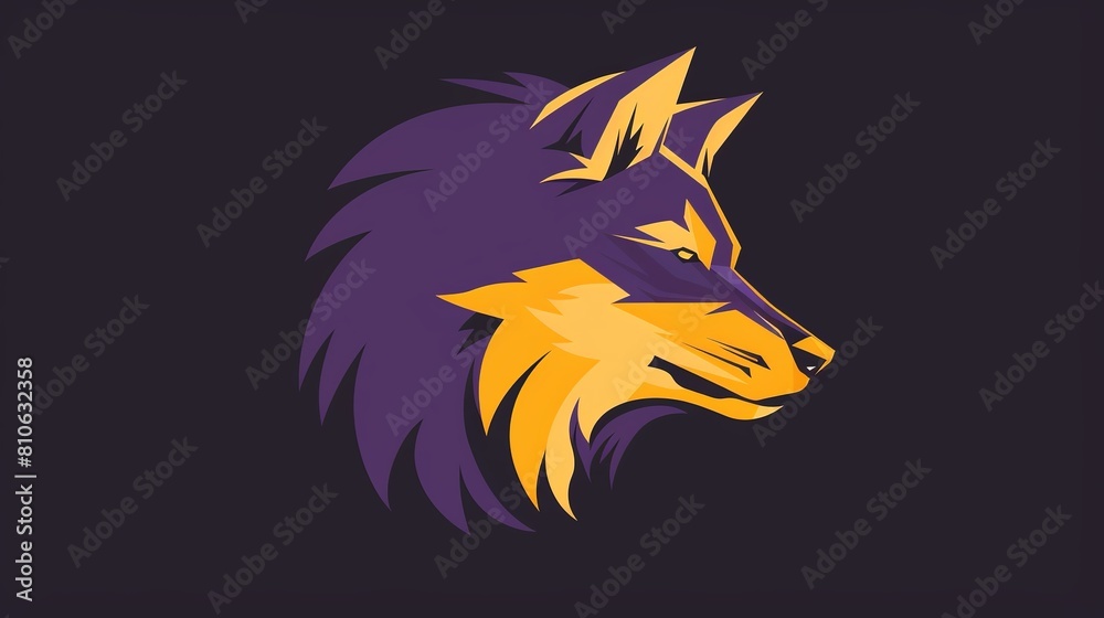 A flat design vector-style illustration of a wolf's head in purple and gold, facing to the right