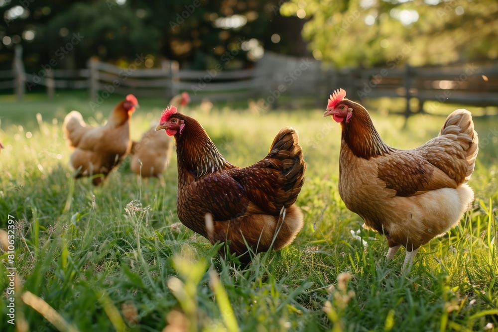 Chickens on a chicken farm grazing outdoors, domestic animal husbandry concept

