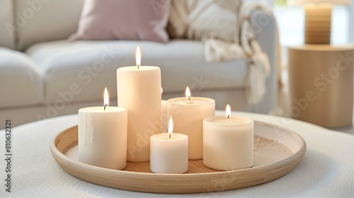 White candles in a cozy living room  perfect for home decor and wellness content.