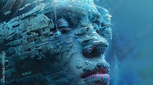 A woman with a blue face and red lips is shown, partially obscured by a digital grid
