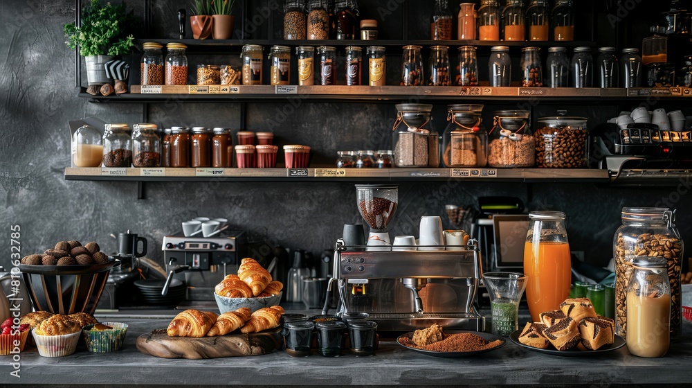 An indoor photo of a coffee counter featuring a variety of drinks such as juices, hot tea, espresso, and cappuccino, as well as croissants and muffins. 