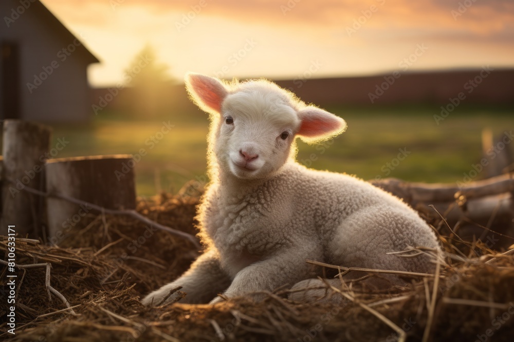 Fototapeta premium Funny close-up portrait of a little lamb on a wide angle camera sitting on hay.