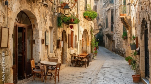 Old European street café scene, ideal for travel and cultural themes in publications.