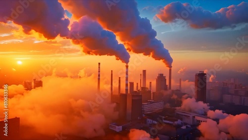 Factory emits harmful pollution impacting the environment with large volumes of smoke. Concept Pollution, Environment, Industry, Air Quality, Smoke Emissions photo
