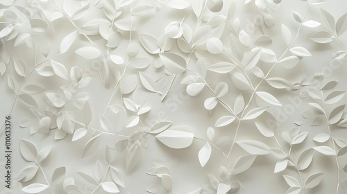 Numerous white paper cutouts of rain tree leaves arranged on a white wall