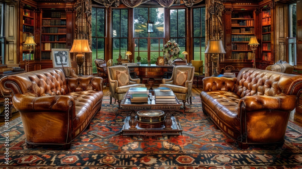 Fototapeta premium Traditional library interior with rich wood paneling and cozy seating, suitable for academic and luxury marketing.