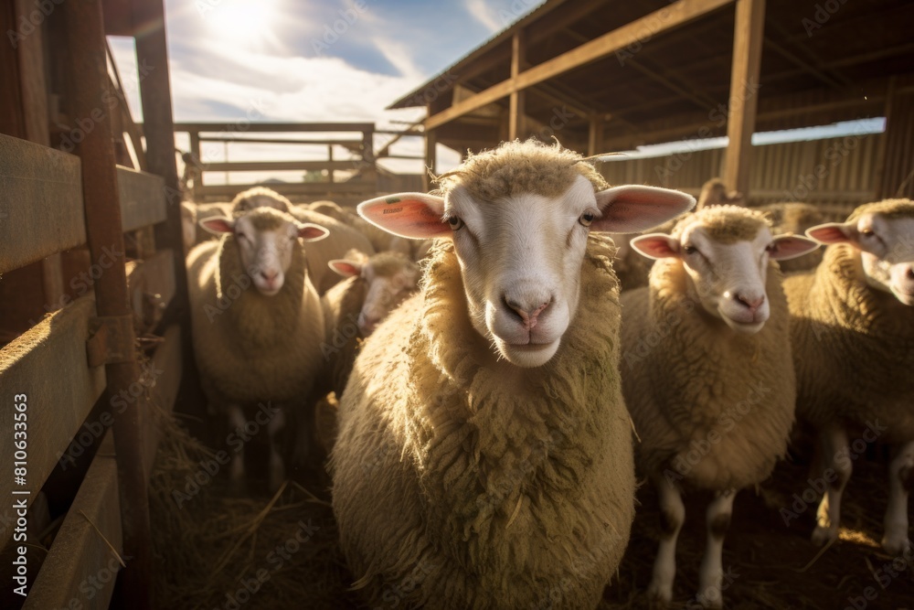 Obraz premium Funny close up portrait of a lamb on a wide angle camera with a flock of sheep.