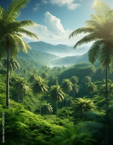 tropical island with trees the vibrant colors and textures of a tropical jungle  where palm trees sway amidst the lush green foliage 