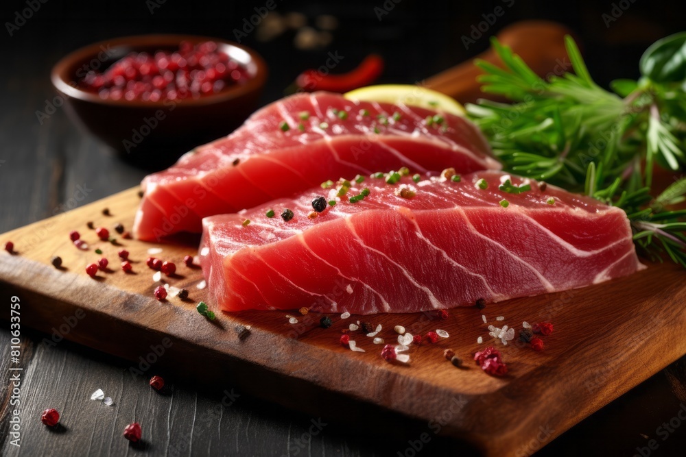 Appetizing raw tuna steak sprinkled with a mixture of peppers and a sprig of herbs on a wooden board.
Appetizing raw tuna steak sprinkled with a mixture of peppers and a sprig of herbs on a wooden board.