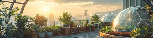 Futuristic Smart Garden Thrives on High Tech Rooftop Terrace with Automated Greenhouse Domes photo