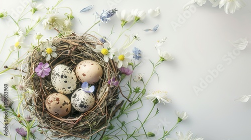 A logo featuring a nest with quail eggs and pastel wildflowers