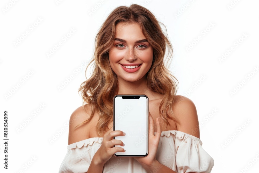 Woman Showcasing Smartphone Mockup created with Generative AI Woman Showcasing Smartphone Mockup created with Generative AI